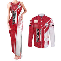 Yemen Football Couples Matching Tank Maxi Dress and Long Sleeve Button Shirt with Red and White Flag Design
