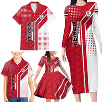 Yemen Football Family Matching Long Sleeve Bodycon Dress and Hawaiian Shirt with Red and White Flag Design