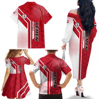 Yemen Football Family Matching Off The Shoulder Long Sleeve Dress and Hawaiian Shirt with Red and White Flag Design