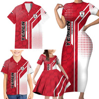 Yemen Football Family Matching Short Sleeve Bodycon Dress and Hawaiian Shirt with Red and White Flag Design