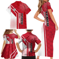 Yemen Football Family Matching Short Sleeve Bodycon Dress and Hawaiian Shirt with Red and White Flag Design