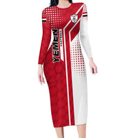 Yemen Football Long Sleeve Bodycon Dress with Red and White Flag Design