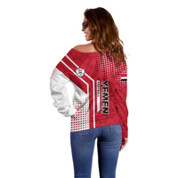 Yemen Football Off Shoulder Sweater with Red and White Flag Design