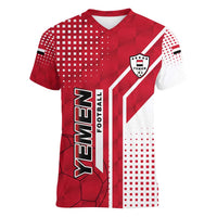 Yemen Football Women V-Neck T-Shirt with Red and White Flag Design
