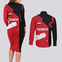 Yemen Eagle Emblem Couples Matching Long Sleeve Bodycon Dress and Long Sleeve Button Shirt with National Flag and Map Design