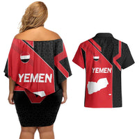 Yemen Eagle Emblem Couples Matching Off Shoulder Short Dress and Hawaiian Shirt with National Flag and Map Design