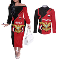 Yemen Eagle Emblem Couples Matching Off The Shoulder Long Sleeve Dress and Long Sleeve Button Shirt with National Flag and Map Design