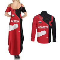 Yemen Eagle Emblem Couples Matching Summer Maxi Dress and Long Sleeve Button Shirt with National Flag and Map Design