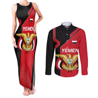 Yemen Eagle Emblem Couples Matching Tank Maxi Dress and Long Sleeve Button Shirt with National Flag and Map Design
