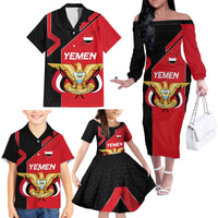 Yemen Eagle Emblem Family Matching Off The Shoulder Long Sleeve Dress and Hawaiian Shirt with National Flag and Map Design