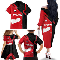 Yemen Eagle Emblem Family Matching Off The Shoulder Long Sleeve Dress and Hawaiian Shirt with National Flag and Map Design