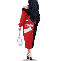Yemen Eagle Emblem Family Matching Off The Shoulder Long Sleeve Dress and Hawaiian Shirt with National Flag and Map Design