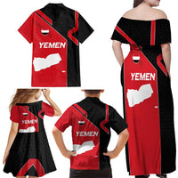 Yemen Eagle Emblem Family Matching Off Shoulder Maxi Dress and Hawaiian Shirt with National Flag and Map Design