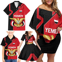 Yemen Eagle Emblem Family Matching Off Shoulder Short Dress and Hawaiian Shirt with National Flag and Map Design