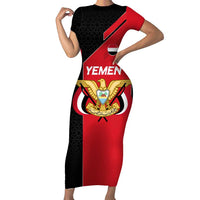 Yemen Eagle Emblem Family Matching Short Sleeve Bodycon Dress and Hawaiian Shirt with National Flag and Map Design