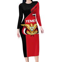 Yemen Eagle Emblem Long Sleeve Bodycon Dress with National Flag and Map Design