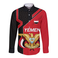 Yemen Eagle Emblem Long Sleeve Button Shirt with National Flag and Map Design