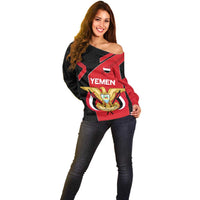 Yemen Eagle Emblem Off Shoulder Sweater with National Flag and Map Design