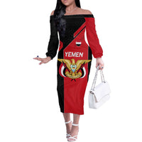 Yemen Eagle Emblem Off The Shoulder Long Sleeve Dress with National Flag and Map Design