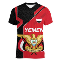 Yemen Eagle Emblem Women V-Neck T-Shirt with National Flag and Map Design