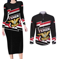 Yemen Couples Matching Long Sleeve Bodycon Dress and Long Sleeve Button Shirt with National Eagle Emblem and Flag Stripe Design