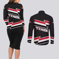 Yemen Couples Matching Long Sleeve Bodycon Dress and Long Sleeve Button Shirt with National Eagle Emblem and Flag Stripe Design
