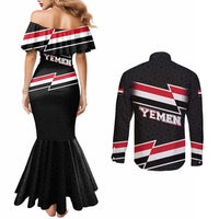 Yemen Couples Matching Mermaid Dress and Long Sleeve Button Shirt with National Eagle Emblem and Flag Stripe Design