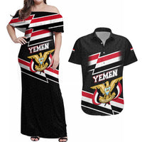 Yemen Couples Matching Off Shoulder Maxi Dress and Hawaiian Shirt with National Eagle Emblem and Flag Stripe Design