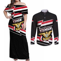 Yemen Couples Matching Off Shoulder Maxi Dress and Long Sleeve Button Shirt with National Eagle Emblem and Flag Stripe Design