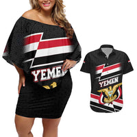 Yemen Couples Matching Off Shoulder Short Dress and Hawaiian Shirt with National Eagle Emblem and Flag Stripe Design