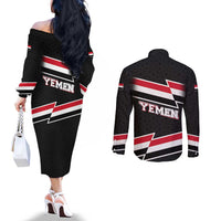 Yemen Couples Matching Off The Shoulder Long Sleeve Dress and Long Sleeve Button Shirt with National Eagle Emblem and Flag Stripe Design