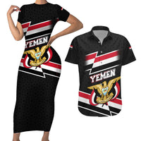 Yemen Couples Matching Short Sleeve Bodycon Dress and Hawaiian Shirt with National Eagle Emblem and Flag Stripe Design