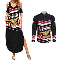 Yemen Couples Matching Summer Maxi Dress and Long Sleeve Button Shirt with National Eagle Emblem and Flag Stripe Design