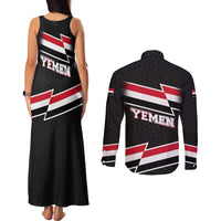 Yemen Couples Matching Tank Maxi Dress and Long Sleeve Button Shirt with National Eagle Emblem and Flag Stripe Design