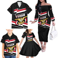 Yemen Family Matching Off The Shoulder Long Sleeve Dress and Hawaiian Shirt with National Eagle Emblem and Flag Stripe Design