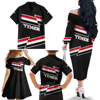Yemen Family Matching Off The Shoulder Long Sleeve Dress and Hawaiian Shirt with National Eagle Emblem and Flag Stripe Design