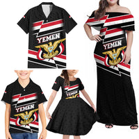 Yemen Family Matching Off Shoulder Maxi Dress and Hawaiian Shirt with National Eagle Emblem and Flag Stripe Design