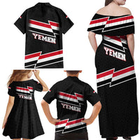 Yemen Family Matching Off Shoulder Maxi Dress and Hawaiian Shirt with National Eagle Emblem and Flag Stripe Design