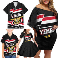 Yemen Family Matching Off Shoulder Short Dress and Hawaiian Shirt with National Eagle Emblem and Flag Stripe Design