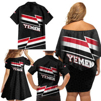 Yemen Family Matching Off Shoulder Short Dress and Hawaiian Shirt with National Eagle Emblem and Flag Stripe Design