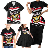 Yemen Family Matching Short Sleeve Bodycon Dress and Hawaiian Shirt with National Eagle Emblem and Flag Stripe Design
