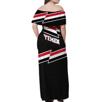 Yemen Off Shoulder Maxi Dress with National Eagle Emblem and Flag Stripe Design