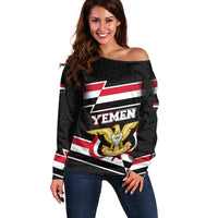 Yemen Off Shoulder Sweater with National Eagle Emblem and Flag Stripe Design