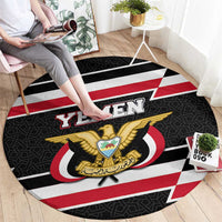 Yemen Round Carpet with National Eagle Emblem and Flag Stripe Design