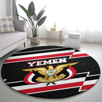 Yemen Round Carpet with National Eagle Emblem and Flag Stripe Design