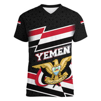 Yemen Women V-Neck T-Shirt with National Eagle Emblem and Flag Stripe Design