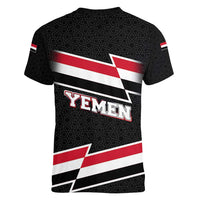 Yemen Women V-Neck T-Shirt with National Eagle Emblem and Flag Stripe Design