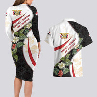 Yemen Couples Matching Long Sleeve Bodycon Dress and Hawaiian Shirt with Mocha Coffee Plant Design and National Flag Accents