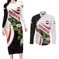 Yemen Couples Matching Long Sleeve Bodycon Dress and Long Sleeve Button Shirt with Mocha Coffee Plant Design and National Flag Accents