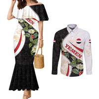 Yemen Couples Matching Mermaid Dress and Long Sleeve Button Shirt with Mocha Coffee Plant Design and National Flag Accents